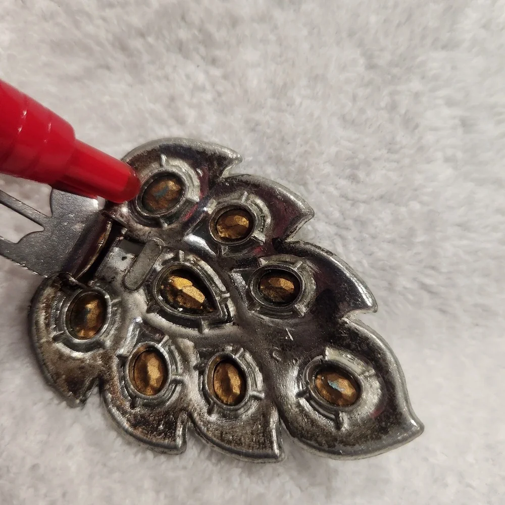 Vtg Silver‎ Tone Teal Blue Rhinestone Peacock Feather Dress Fur Clip pot metal